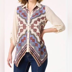 Cato Women's Blue and Cream Patterned Button Down Shirt